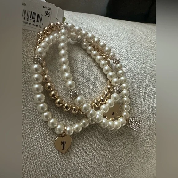 Karl Lagerfeld Faux Pearl & Gold tone 3pc Stretch Charmed Bracelet Set NWT - Picture 8 of 10